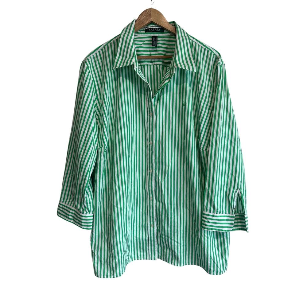 Lauren Ralph Lauren Striped Logo Button Up Shirt Green and White 3X